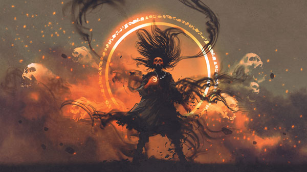 Ilustración fantástica de un demonio rodeado de fuego.